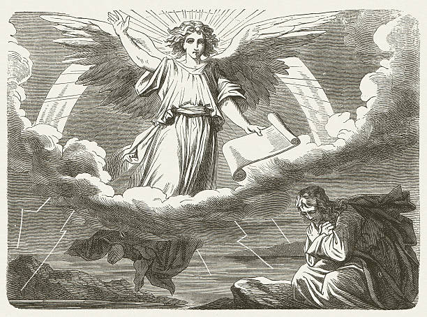 Angel with the little scroll (Revelation, 10, 1-2) Then I saw another powerful angel descending from heaven, wrapped in a cloud, with a rainbow above his head; his face was like the sun and his legs were like pillars of fire. He held in his hand a little scroll that was open, and he put his right foot on the sea and his left on the land. (Revelation, Chapter 10, 1-2). Wood engraving after a drawing by Julius Schnorr von Carolsfeld (German painter, 1794 - 1872), published in 1877. Armageddon Bible stock pictures, royalty-free photos & images
