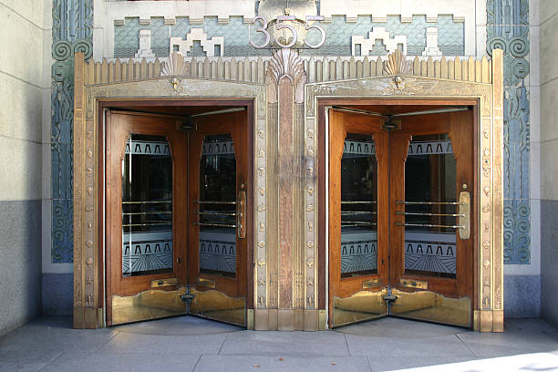 revolving doors of a downtown office building