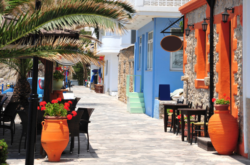 Street along the beach at Mirtos in southern Crete, Greece