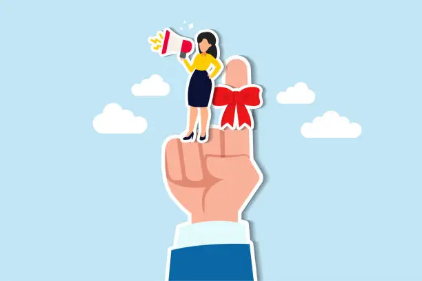 Vector illustration of Finger string reminder, don't forget to remember, assistance or secretary to remind important event concept, businesswoman assistance tie red string on boss finger and use megaphone to remind him.
