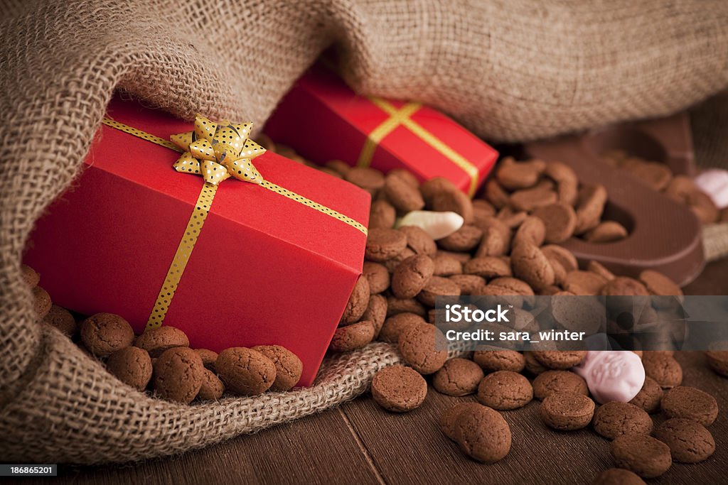 Bag with treats, for traditional Dutch holiday 'Sinterklaas' De zak van Sinterklaas ( Pepernoot Stock Photo