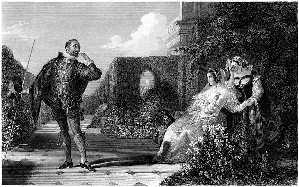 William Shakespeare: Malvolio (Twelfth Night) (Engraved illustration) "Beautiful Victorian illustrations depicting famous scenes from Shakespeare's plays.Malvolio and the Countess (from William Shakespeare's Twelfth Night). D Maclise RA (Artist), R Staines (Engraver). Scanned directly from an original Victorian steel engraving, published circa 1860, London Virtue & Co." william shakespeare stock illustrations