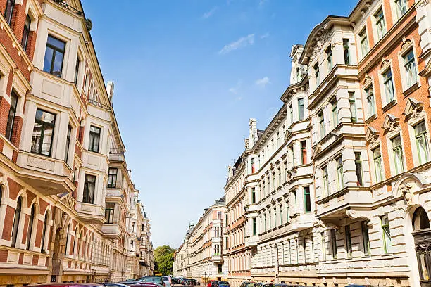 "Restored old townhouses in Leipzig, Germany."