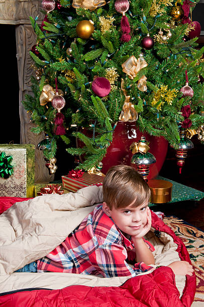 istock Boy in the sleeping bag is waiting for Santa (II) 186866584