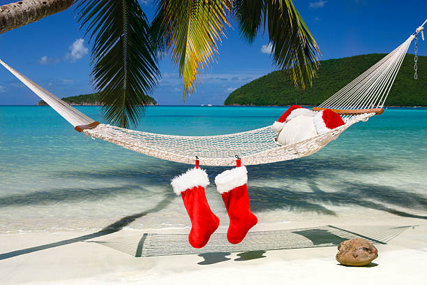 istock Santa hats and stocking at a tropical Caribbean beach 186866696