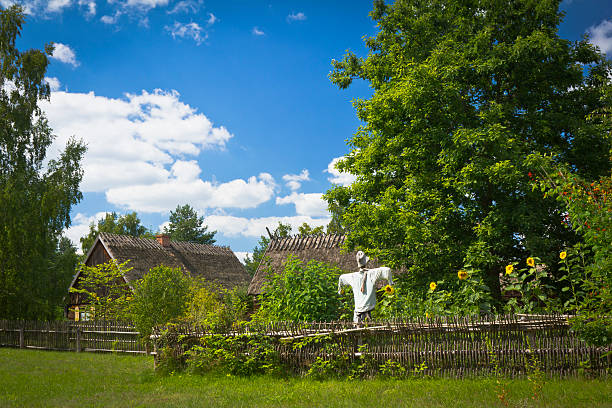 Worn looking scarecrow in a rural garden surrounded by flowers on the farmSee more RURAL SCENE images here: