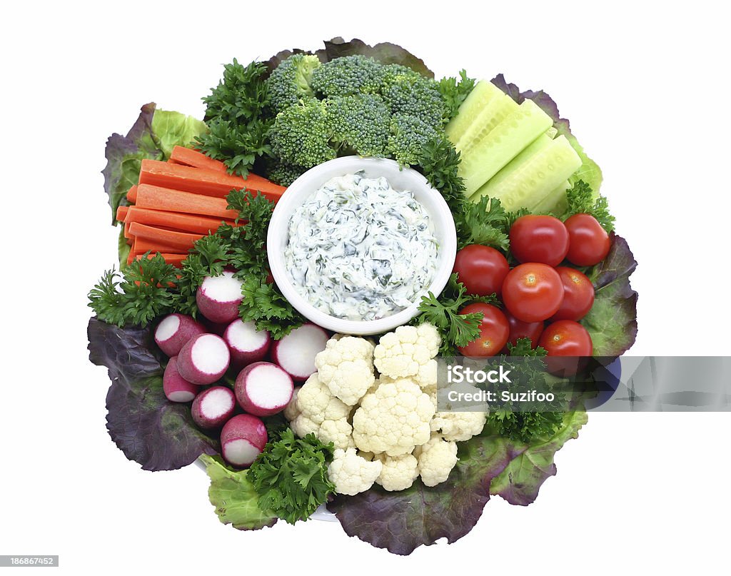 crudite platter "A plate of fresh vegetables on red bibb lettuce, with a bowl of creamy spinach onion dip. Includes broccoli, cauliflower, radishes, carrots, cherry tomatoes, and cucumbers, and garnished with curly parsley. Isolated on white. Shot at a bit of an angle." Crudite Stock Photo