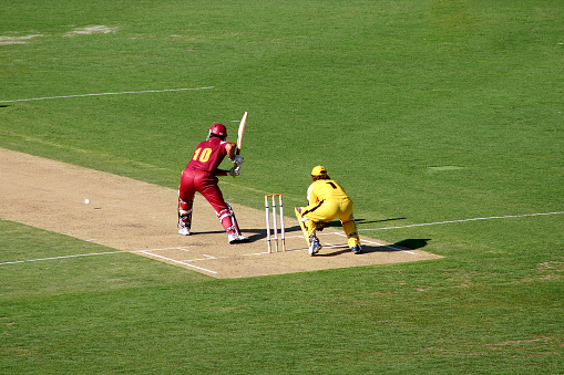 Qld Vs. WA.  Cricket at the Gabba.  Batsman prepares to hit ball