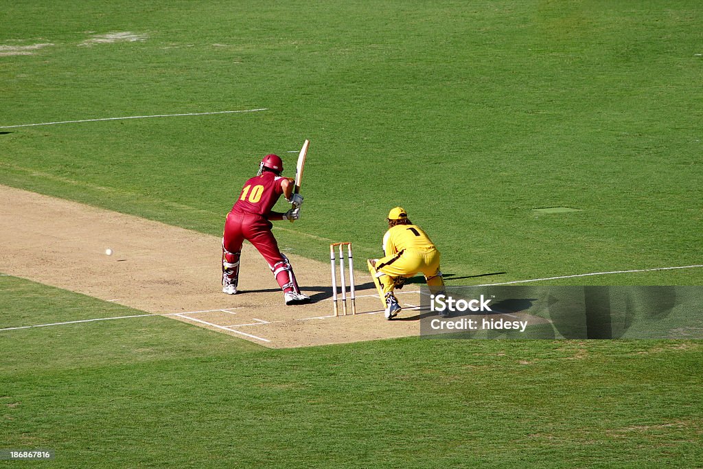 A batter up to bat in a cricket game Qld Vs. WA.  Cricket at the Gabba.  Batsman prepares to hit ball Sport of Cricket Stock Photo