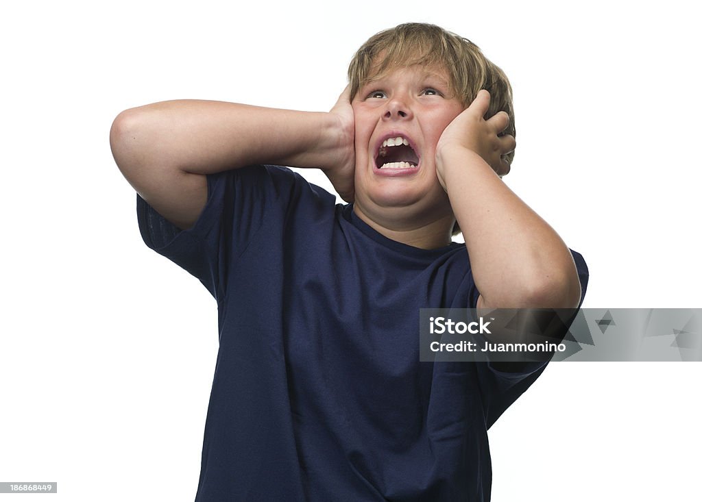 Child in panic Caucasian blond child screaming in panic on white background (this picture has been shot with a High Definition Hasselblad H3D II 31 megapixels camera and 120 mm f4H Hasselblad macro lens) Child Stock Photo