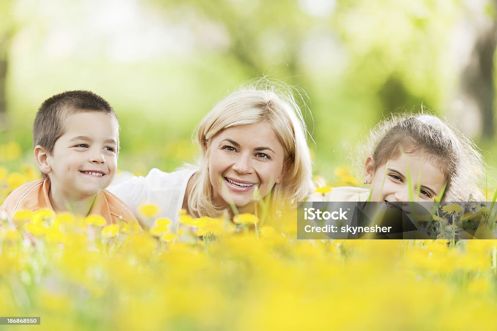 Fröhliche Familie genießen Sie selbst Leg dich auf ein Löwenzahn Wiese - Lizenzfrei Alleinerzieherin Stock-Foto