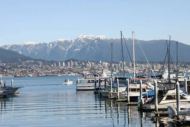 Morning shot of Yachts in Coal Harbor Vancouver with Mountains in Background