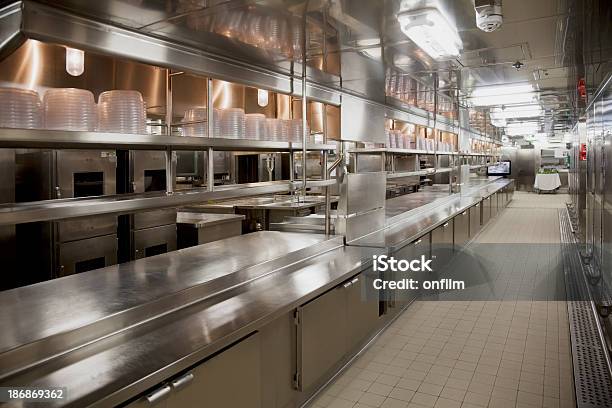 Large Commercial Kitchen Stock Photo - Download Image Now - Commercial Kitchen, Stainless Steel, No People