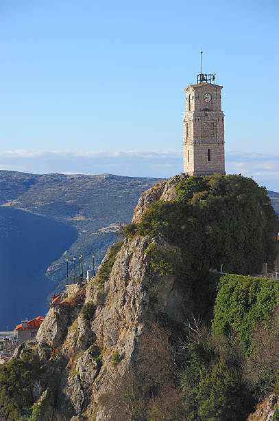 The Clock of Arachova The clock tower on the rock is a landmark of Arachova - Greece.related images arachova greece stock pictures, royalty-free photos & images