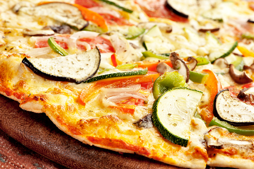 Close up of a fresh made vegetarian pizza.