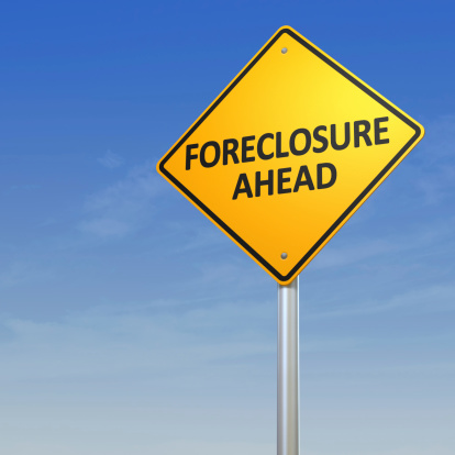 Road Warning Sign - Foreclosure Ahead.Digitally generated 3d image.