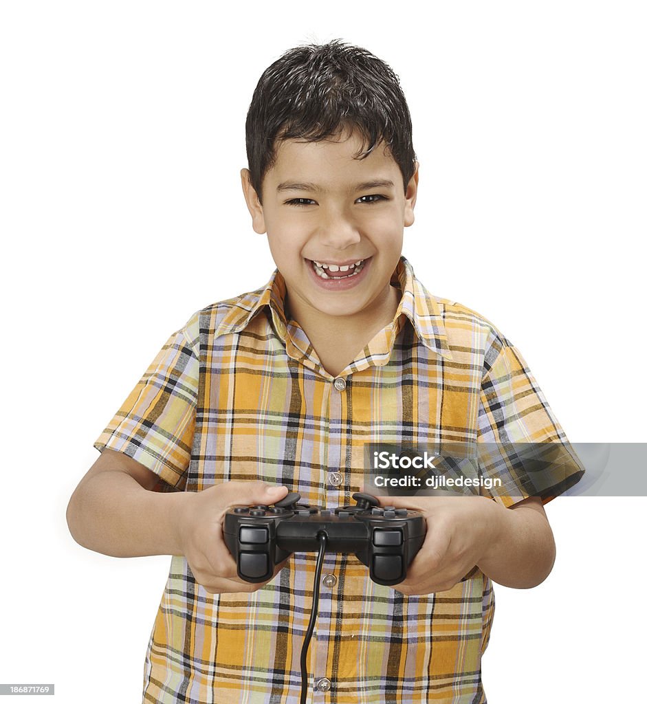 Glücklich lächelnde Junge mit beliebiger gamepad - Lizenzfrei Weißer Hintergrund Stock-Foto