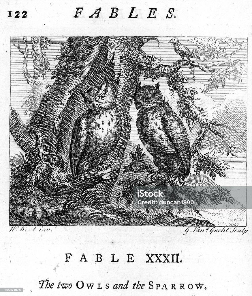 Fable Two Owls and the Sparrow Vintage engraving from 1753 of the Two Owls and the Sparrow. From the Fables of John Gay. Engraved Image stock illustration