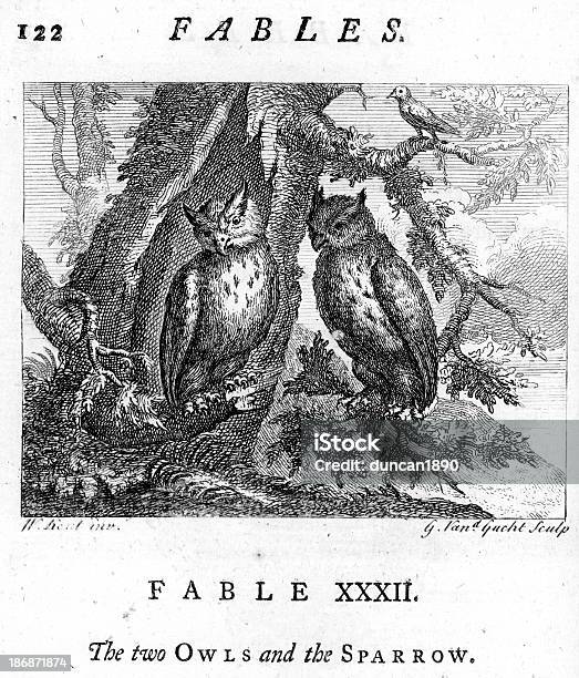 Fable Two Owls And The Sparrow Stock Illustration - Download Image Now - Engraved Image, Owl, 18th Century