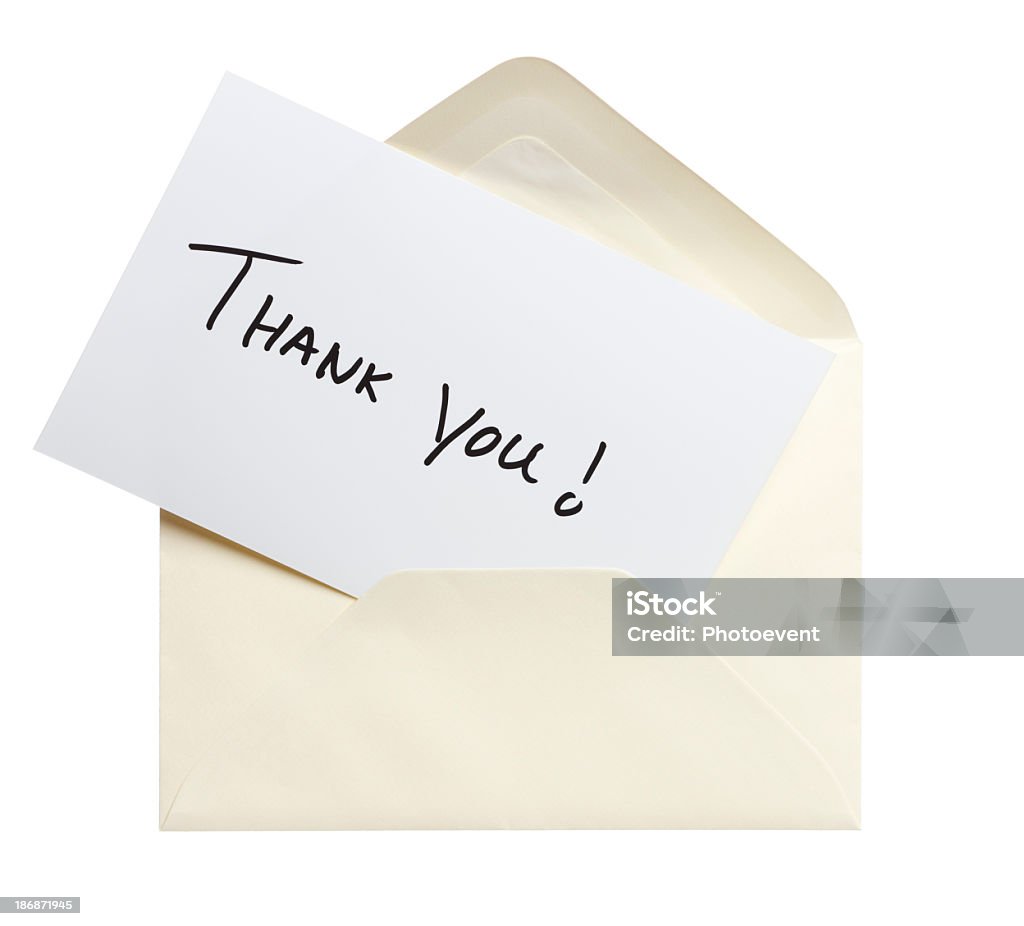 Image of thank you card and envelope on white background Thank You note in envelope. Isolated on white Greeting Card Stock Photo
