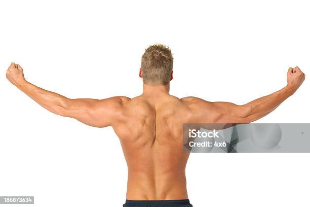 후면 보기 Bodybuilder 성과향상을 촉진하는 유연한 암즈 및 등근육 근육 근육질 남자에 대한 스톡 사진 및 기타 이미지 - 근육질 남자, 근육질 체격, 금발 머리