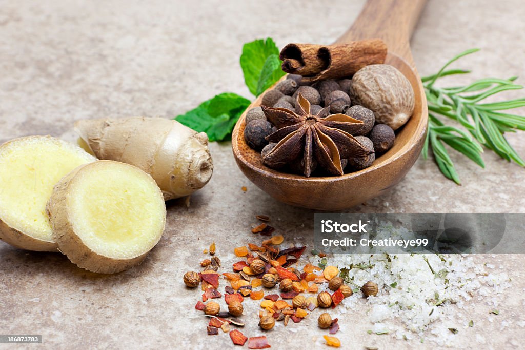 Kitchen spice Variety of kitchen spices and herbs Allspice Stock Photo