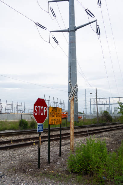 istock Level crossing sign and power line pole 1868740957