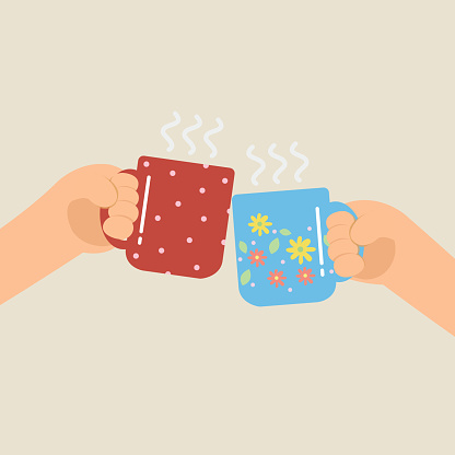 Hands holding hot drinks and beverage. Friend clink a coffee cup together. Happy drink tea time.