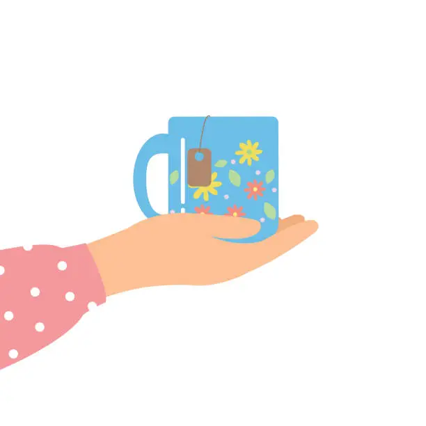 Vector illustration of Hands holding hot drinks and beverage. Happy drink tea time.