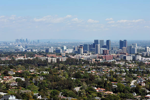 Los Angeles "The city of Los Angeles with Century City in the foreground and downtown in the distanceCalifornia, USA" bel air photos stock pictures, royalty-free photos & images