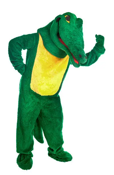 a man wearing alligator costume hand on hip and flexing other arm with a fist