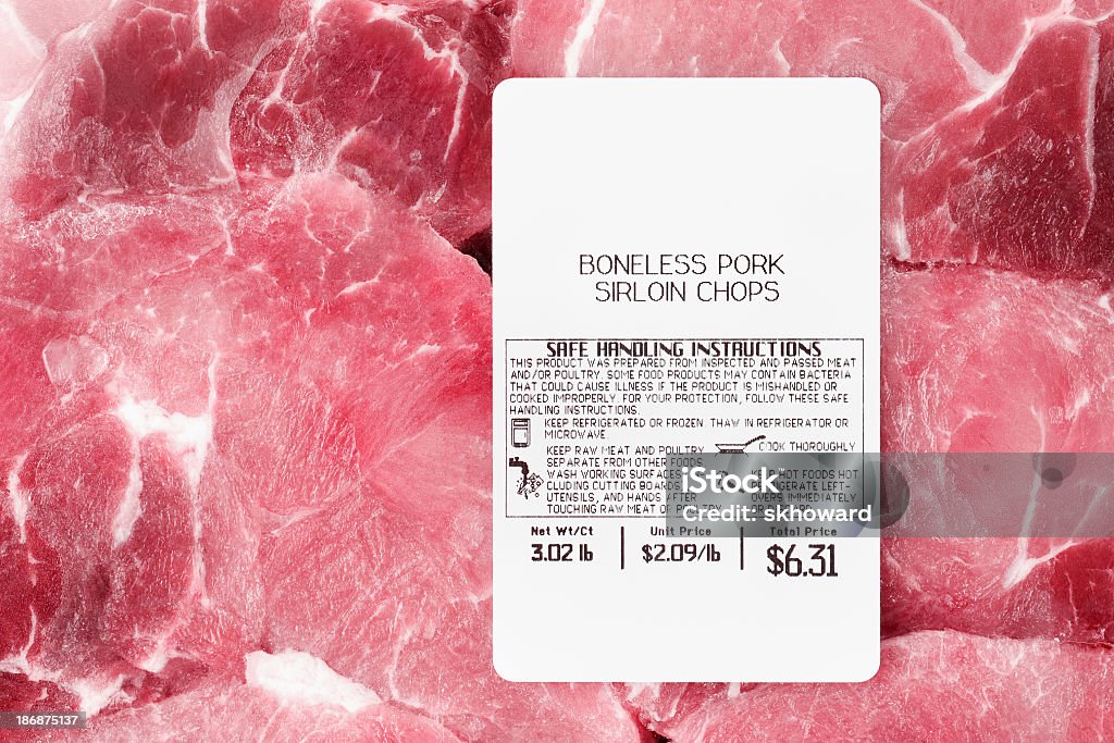 Package of Boneless Pork Sirloin Chops A wrapped package of partly frozen, raw boneless pork sirloin chops with price and safe handling instructions. Meat Stock Photo