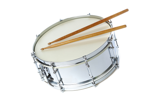 Silver Chrome Snare Drum with Sticks, Instrument on White Background