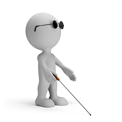 A blind man with a cane, wearing dark glasses, walks cautiously. 3d image. White background.