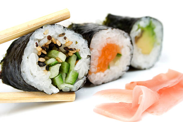 Close-up of several rolls of sushi stock photo