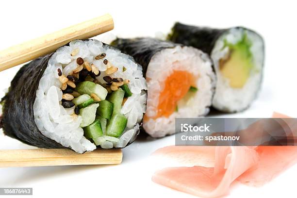 Closeup Of Several Rolls Of Sushi Stock Photo - Download Image Now - Sushi, White Background, Asia