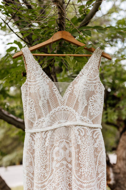 istock Summer lace wedding dress hanging from a tree 1868767389