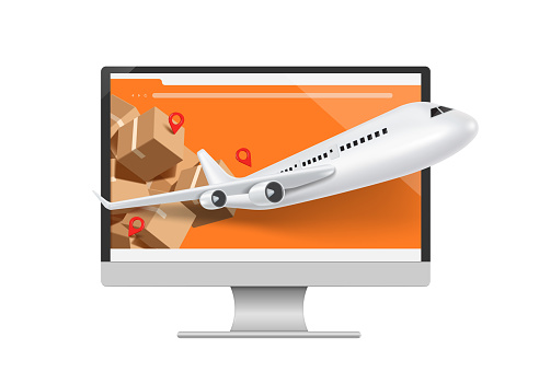 Cargo plane is taking off to bring parcels or cardboard boxes from a warehouse to an international customer. all display on computer screen, vector 3d isolated for online shopping, airfreight design