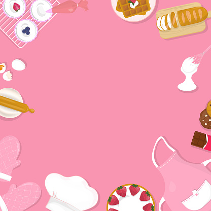 Bakery background concept. Baking utensils and bakery frame on a pink background with copy space.