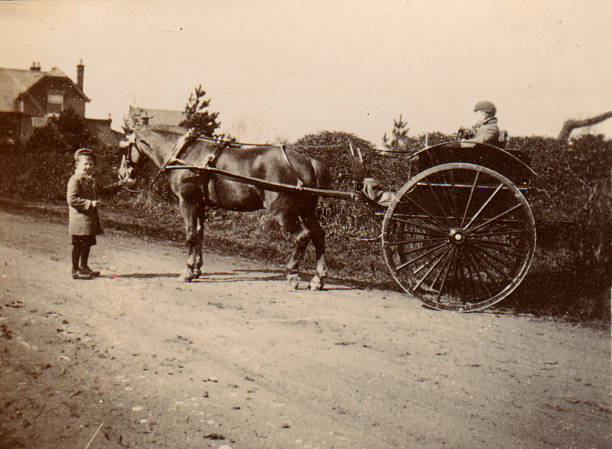 Old Photograph Two Boys and Carriage Vintage photograph of two boys with a horse and carriage. England circa 1890 carriage photos stock pictures, royalty-free photos & images