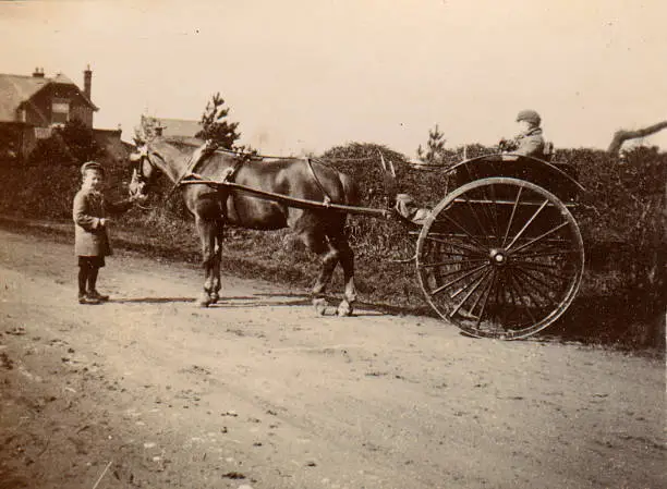 Vintage photograph of two boys with a horse and carriage. England circa 1890