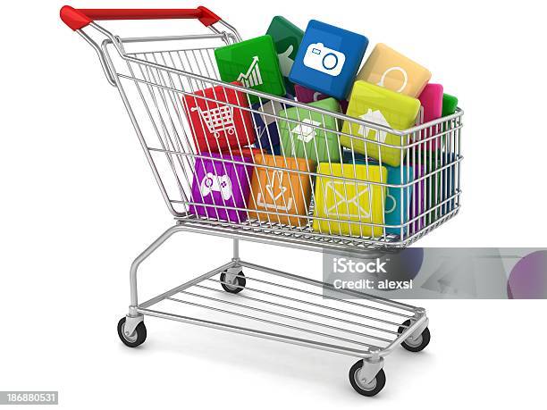 Aplicaciones En Cesta De Compras Foto de stock y más banco de imágenes de Admiración - Admiración, Amistad, Aplicación para móviles