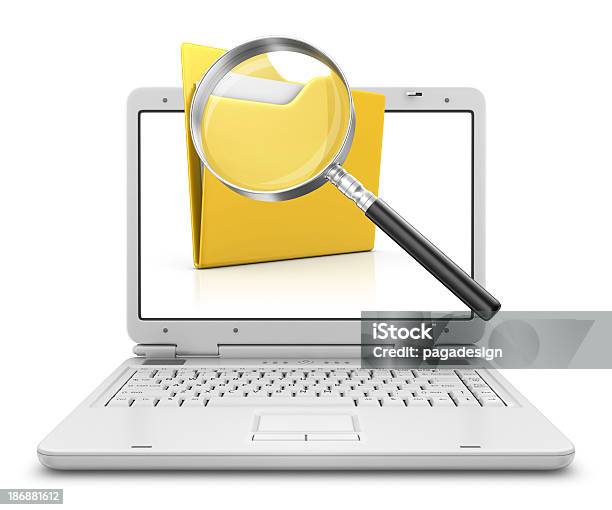 Folder And Loupe In Laptop Stock Photo - Download Image Now - Archives, Card File, Computer