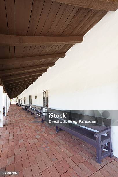 San Diego Mission Corridor Stock Photo - Download Image Now - Architectural Column, Architecture, Bench