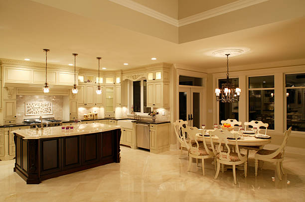 luxury estate house kitchen dining room interior mansion renovation Kitchen Lighting stock pictures, royalty-free photos & images