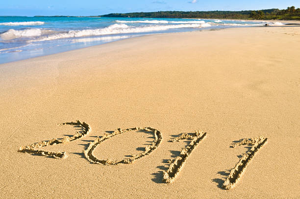 istock New Year 2011 sign at  a Tropical beach 186883524