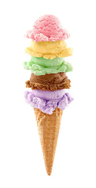 Five scoops of ice creams with cone on white background