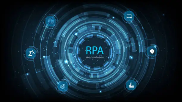 Vector illustration of Robotic process automation (RPA ) concept. Business machines technology with support factory service provider industry 4.0 with precision machines for more efficient productivity.