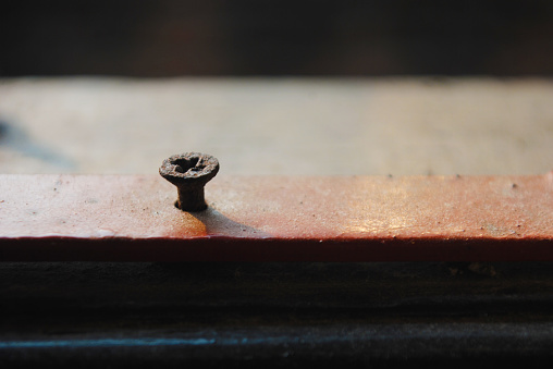 Close-up of old, weathered screw with rust on dark wood