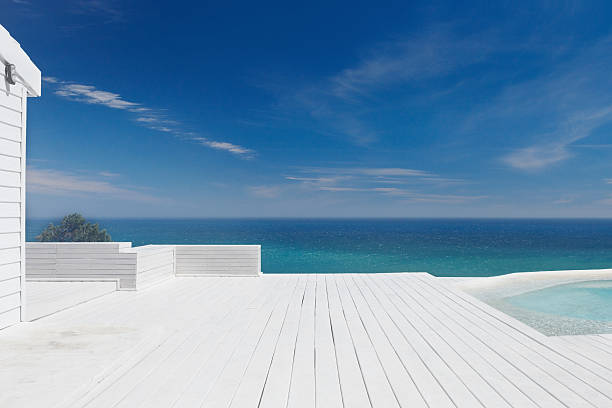 Scenic view of a resort porch at beach with swimming pool and sea